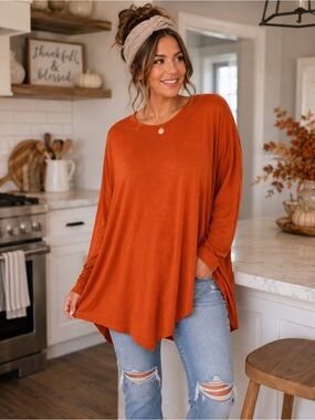 Azules Rust Orange Oversized Long Sleeve Tunic Top Asymmetrical Hem USA Medium